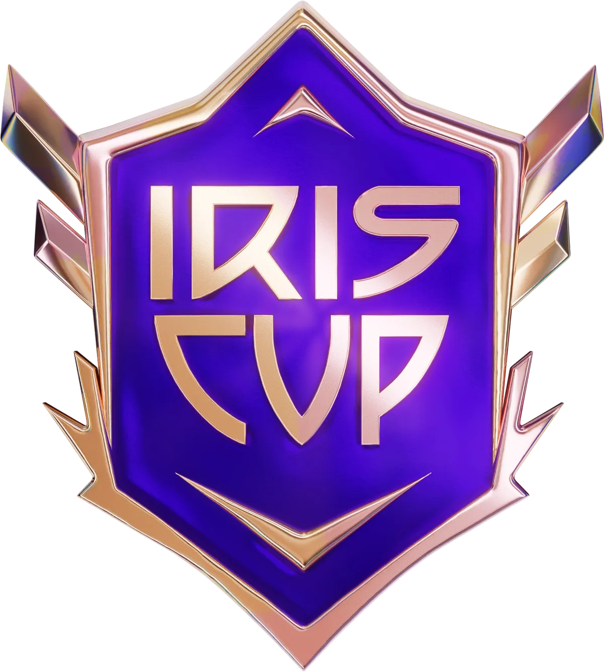 Emblema oficial de la IRIS CUP: escudo facetado púrpura con alas de oro rosa